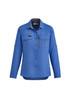 A blue women's outdoor long sleeve button-up shirt featuring two front pockets and a logo.