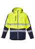 A unisex 2-in-1 stretch softshell jacket featuring a bright yellow and navy design, with reflective stripes and a hood.
