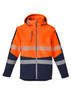 A unisex softshell jacket in orange and navy, featuring reflective stripes and a hood, with a zipped pocket.