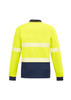 A long sleeve polo in hi-vis yellow with navy segments and reflective tape, featuring a collar and long sleeves.