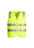 A unisex hi-vis zip vest in bright yellow with reflective stripes, featuring a front pocket and a logo.