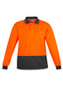 A long sleeve polo shirt in bright orange with a dark grey bottom panel and a chest pocket, featuring a logo.