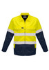 A hi-vis cotton drill jacket in bright yellow and navy, featuring reflective strips and a logo.