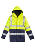 High-visibility jacket in bright yellow with navy accents, featuring reflective stripes and a hood. Includes pockets and a logo.