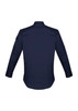 A navy long sleeve shirt with a button-up design and shoulder pockets. The shirt features a logo on one side.