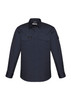 A navy long sleeve button-up shirt featuring two chest pockets and a logo. Suitable for rugged wear.