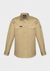 A beige long sleeve button-up shirt with two front pockets and a logo on the chest.