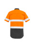 A short-sleeve work shirt featuring orange and grey fabric, with reflective taping for visibility and a logo.
