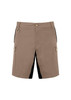 Men’s Streetworx Stretch Short in tan with black accents, featuring side zip pockets and a branded label.