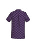 A purple tunic featuring a daisy print pattern, designed as a women's uniform option. It includes a logo.
