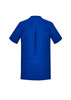 A blue women's tunic featuring a back pleat and short sleeves, with branding present.