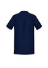 A navy blue women's tunic with a back pleat and short sleeves. Features a branding logo.
