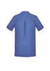 A blue women's tunic with short sleeves and a back pleat, featuring a branding logo.