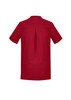 A plain red women's tunic with short sleeves and a back pleat design. It features a logo on the back.