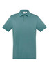 A green short sleeve polo shirt with a collar and three buttons, featuring a logo on the chest area.