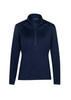 A navy women's jumper featuring a half-zip collar and long sleeves, with a subtle textured design.