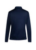 A navy women's long-sleeve top with a collar, featuring a logo on the back.