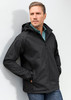 A men's soft shell jacket in black with a geometric pattern, featuring a hood and front zip. Includes a branding logo.