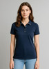 A navy women's short sleeve polo shirt with a collar and a logo. The shirt has a fitted design.