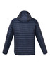A unisex soft shell jacket in navy blue with a hood, showcasing a quilted design on the back and a logo.