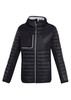 A unisex black soft shell jacket with a zip front and a large chest pocket. It features a hood and quilted design.