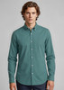 A men's long sleeve button-up shirt in a teal colour, featuring a collar and a logo on the chest.