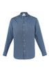 A blue long sleeve button-up shirt with a collar and a logo on the chest.