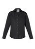 A black long sleeve button-up shirt with a classic collar and a logo on the label.