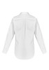A white button-up shirt with long sleeves and a curved hemline, featuring a logo on the back.