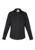 A black women's long sleeve button-up shirt featuring a classic collar and a logo on the label.
