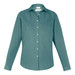 A teal long sleeve button-up shirt featuring a collar and a branded label.