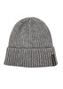 A grey beanie with a ribbed texture and a branding label on the side. Suitable for unisex wear.