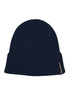 A navy blue unisex beanie with a ribbed texture and a small logo on the side.