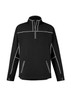 A black mid-layer jacket with white detailing, featuring a half zipper and two front pockets. It has a logo.
