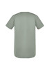 A light green men's t-shirt with short sleeves and a rounded hem, featuring a logo on the back.