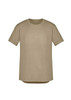 A khaki short-sleeved men's t-shirt with a straight cut and a logo. Designed for casual wear.