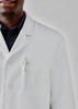 A white men's longline lab coat with a pocket and a pen tucked in. The coat features a classic collar design.
