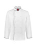 A white long sleeve chef jacket with black piping, featuring buttons and a logo on the sleeve.