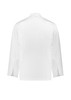 A white long sleeve chef jacket featuring a back view with a button closure and a branding logo.