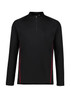 A black unisex mid-layer top with a quarter zip and red detailing, featuring a logo on the front.