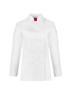 A white long sleeve chef jacket featuring a classic double-breasted design and an embroidered logo on the sleeve.