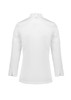 A white long sleeve chef jacket with a high collar and side slits, featuring a logo on the sleeve.