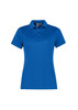 A women's short sleeve polo shirt in vibrant blue, featuring a collar and a logo on the chest.
