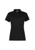 A short sleeve women's polo shirt in black, featuring a classic collar and a button placket. It has a logo on it.