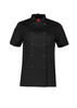 A short sleeve jacket in black, featuring double breasted buttons and a collar, with a logo on one sleeve.