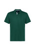 A green short sleeve polo shirt featuring a collar, with a logo and contrasting details on the sides.