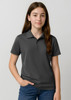 A grey kids' short sleeve polo shirt with a collar and a logo on the chest.