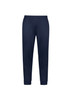 Navy track pants with a tapered fit and elastic waistband, featuring a logo on the design.