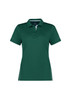 A green women's short sleeve polo shirt with a collar and side detailing, featuring a logo.