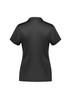 A women's short sleeve polo shirt in black, featuring a branded logo and a sleek design.